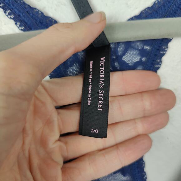 Victoria's Secret The Lacie Babydoll V-String Set Womens Large Navy Blue Lace - Picture 4 of 8